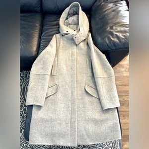 Vince light grey wool coat with rabbit fur trim hood